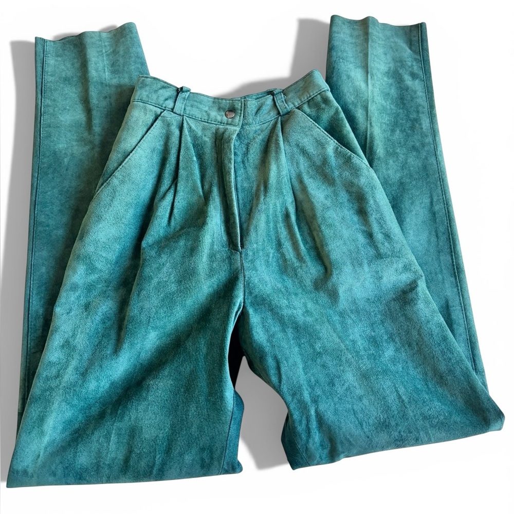 Laurence Roy Green Suede Pants High Waist Straight Leg